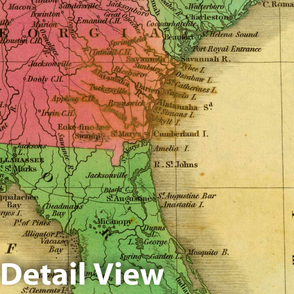 Historic Map : N. & S. Carolina, Georgia & Florida. J.H. Young Sc. (Philadelphia: John Grigg, No. 9 North Fourth Street. 1830), 1830 Atlas - Vintage Wall Art