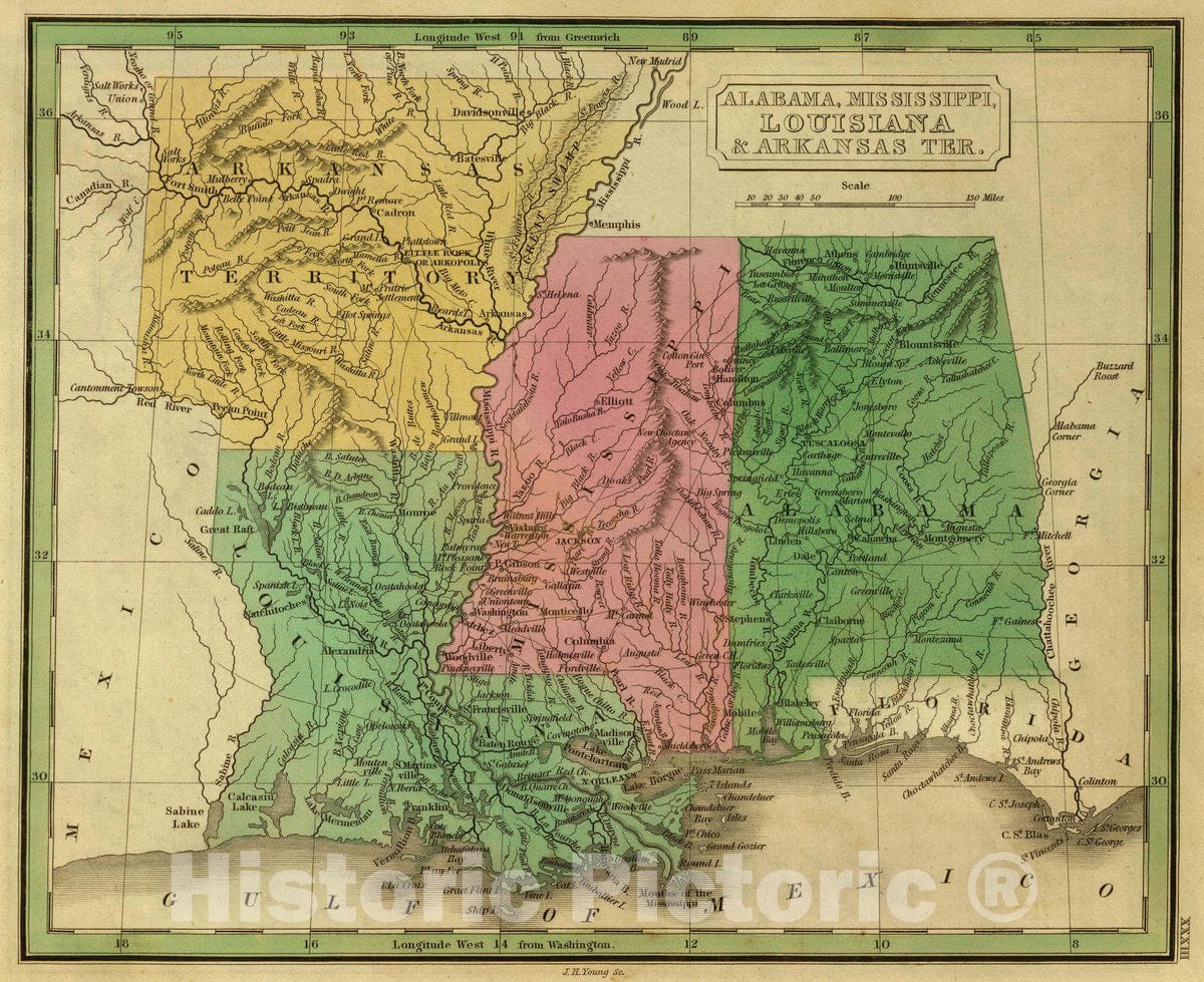 Historic Map : Alabama, Alabama, Mississippi, Louisiana & Arkansas TER. J.H. Young Sc. (Philadelphia: John Grigg, No. 9 North Fourth Street. 1830), 1830, Vintage Wall Art