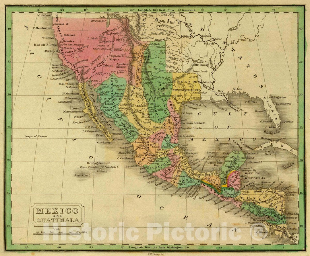 Historic Map : Mexico, U.S. West, , Central America Mexico and Guatimala. J.H. Young Sc. (Philadelphia: John Grigg, No. 9 North Fourth Street. 1830), 1830, Vintage Wall Art