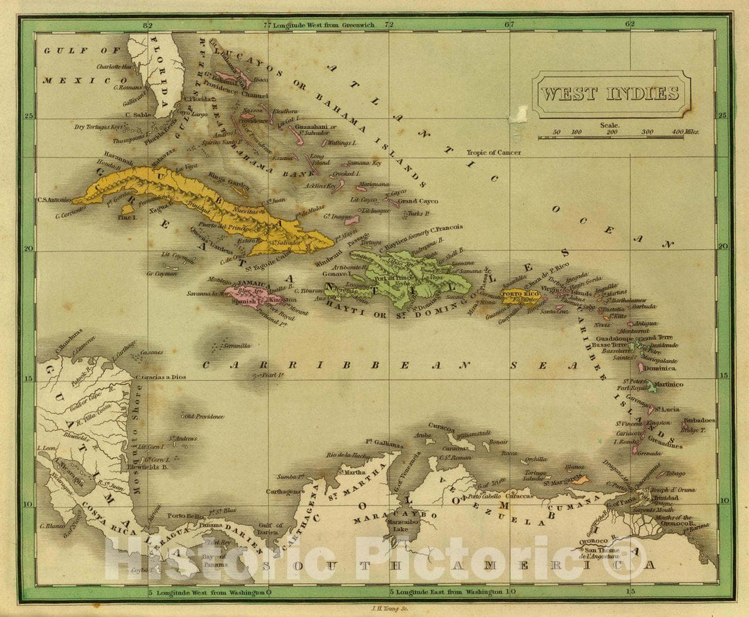 Historic Map : West Indies. J.H. Young Sc. (Philadelphia: John Grigg, No. 9 North Fourth Street. 1830), 1830 Atlas - Vintage Wall Art