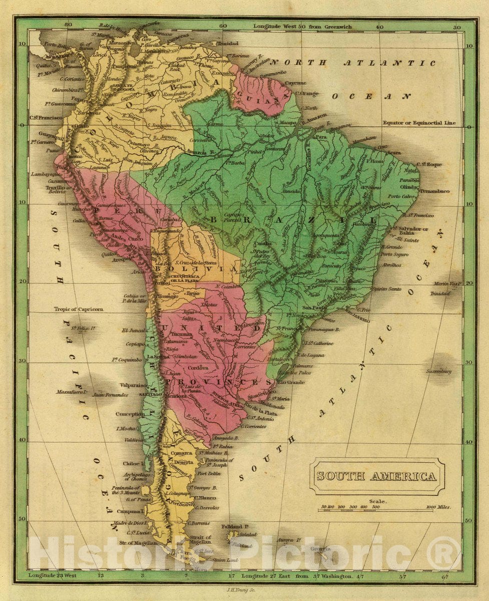 Historic Map : South America. J.H. Young Sc. (Philadelphia: John Grigg, No. 9 North Fourth Street. 1830), 1830 Atlas - Vintage Wall Art