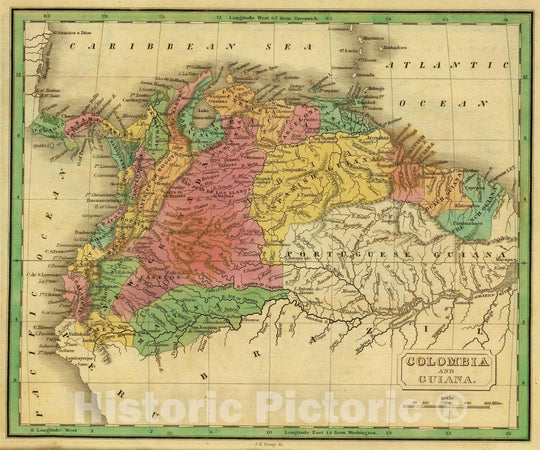 Historic Map : Colombia and Guiana. J.H. Young Sc. (Philadelphia: John Grigg, No. 9 North Fourth Street. 1830), 1830 Atlas - Vintage Wall Art