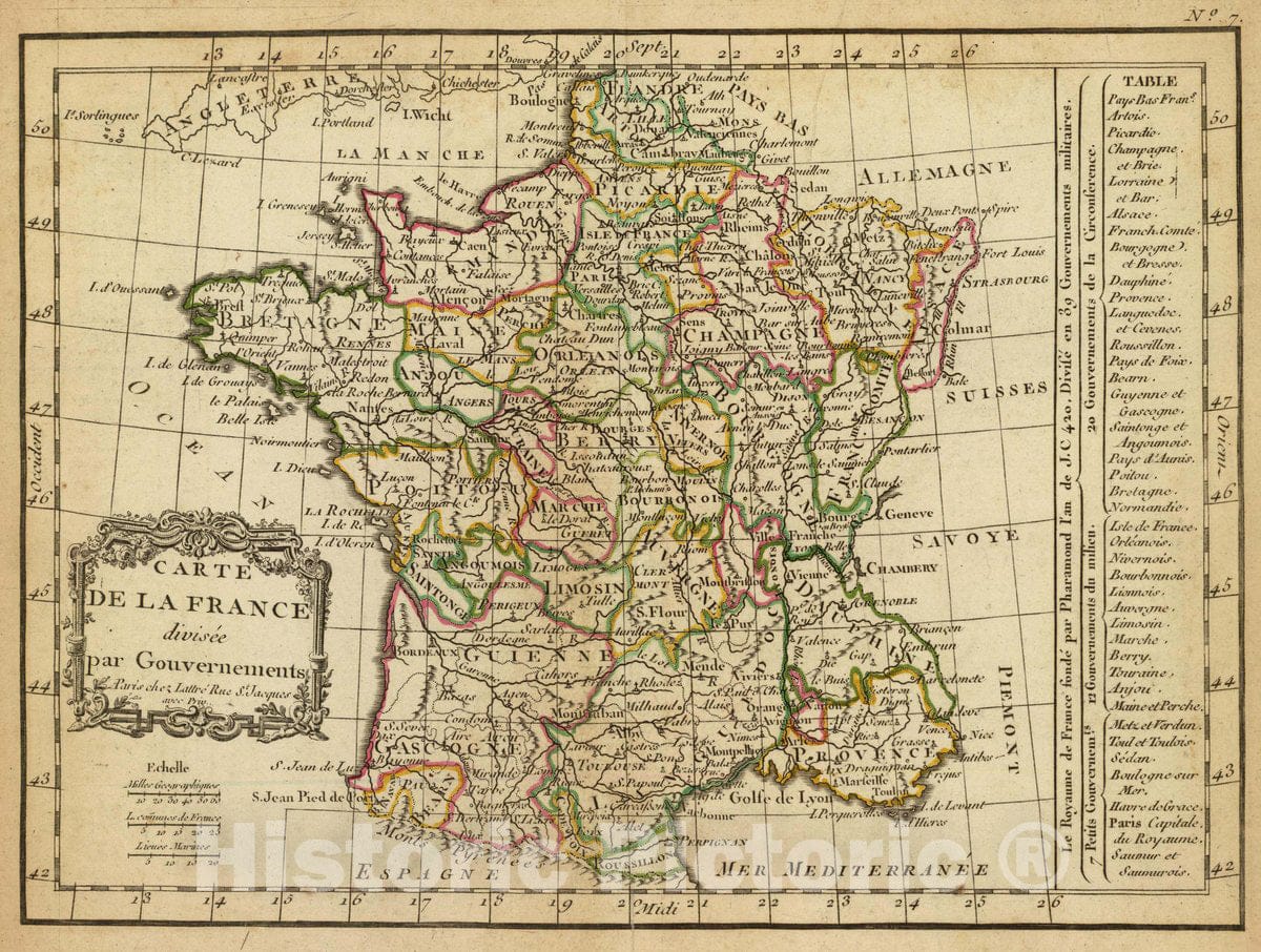 Historic Map : France, Carte de la France divisee par gouvernements. A Paris, Chez Lattre, Rue St. Jacques, avec priv. (ca. 1800), 1800 Atlas , Vintage Wall Art