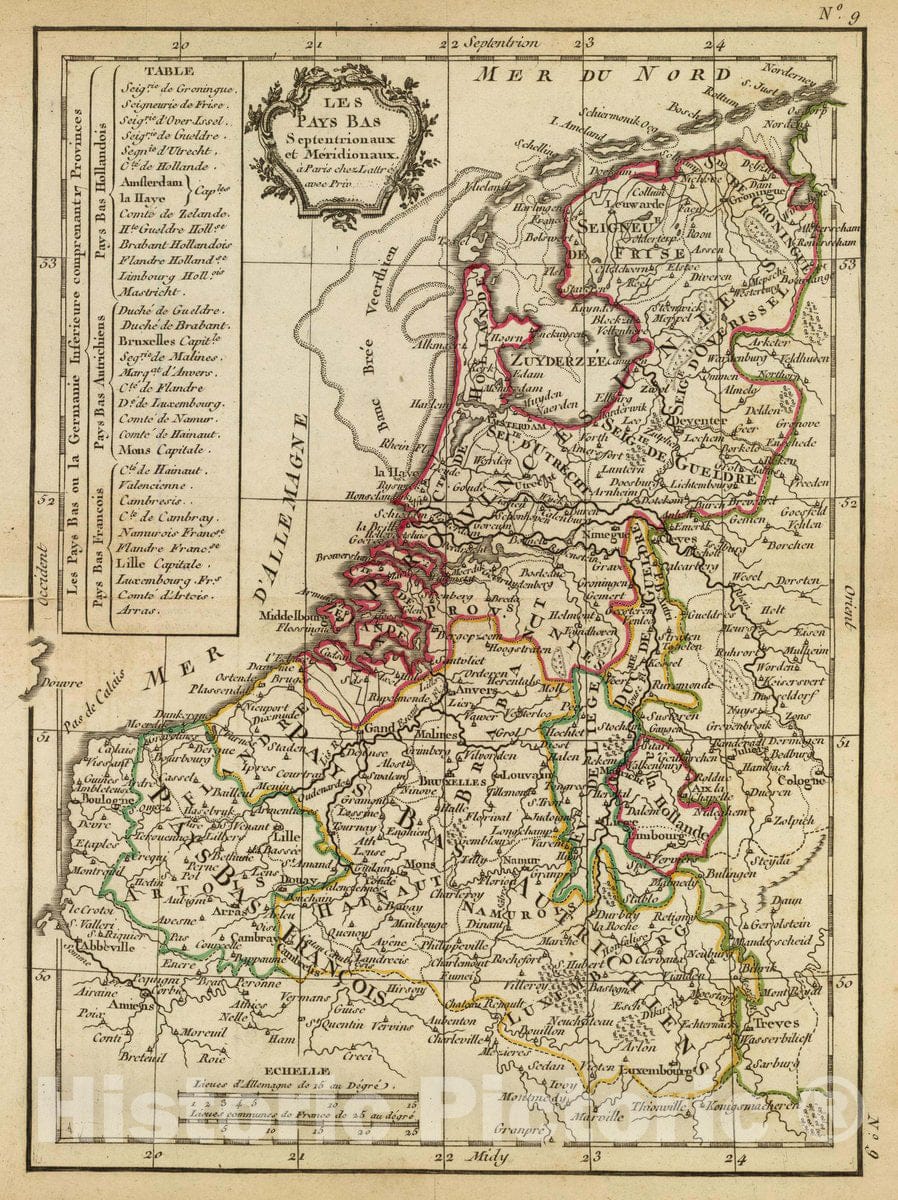 Historic Map : Belgium; Netherlands, Benelux countries Les Pays Bas Septentrionaux et Meridionaux. A Paris, Chez Lattre, avec priv. (ca. 1800), 1800 Atlas , Vintage Wall Art