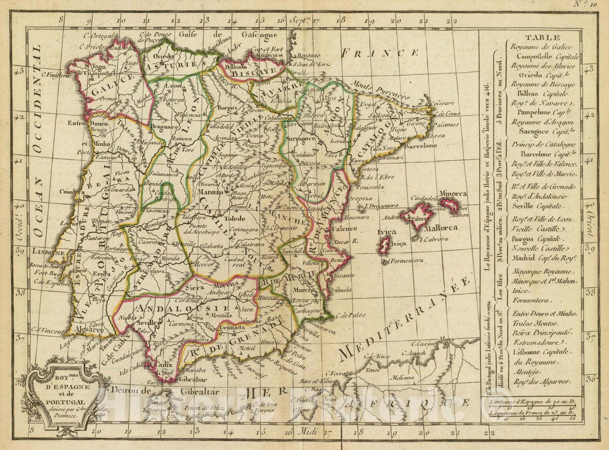 Historic Map : Portugal; Spain, Roymes. d'Espagne et de Portugal divises par gdes. Provinces. (A Paris, Chez Delamarche, Geogr, ca. 1800), 1800 Atlas , Vintage Wall Art