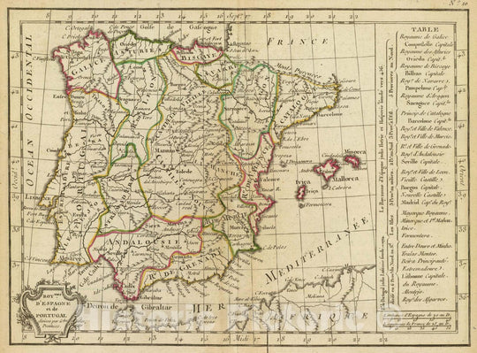 Historic Map : Portugal; Spain, Roymes. d'Espagne et de Portugal divises par gdes. Provinces. (A Paris, Chez Delamarche, Geogr, ca. 1800), 1800 Atlas , Vintage Wall Art