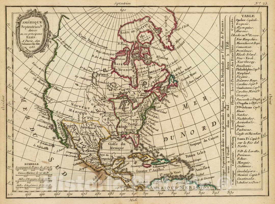 Historic Map : Amerique Septentrionle. divisee en SES principaux etats. A Paris, Chez Delamarche, Geo, 1783. (ca. 1800), 1800 Atlas - Vintage Wall Art