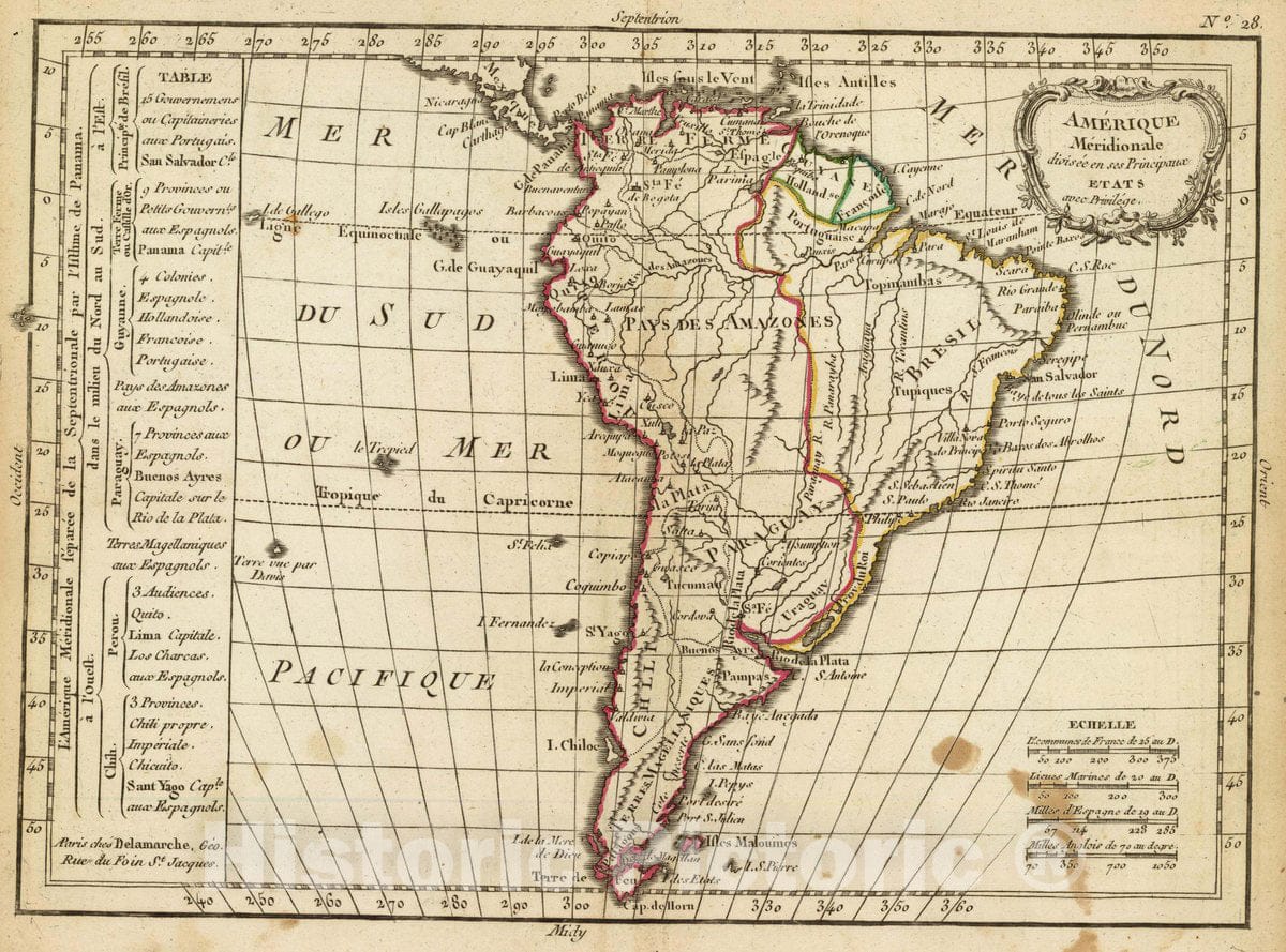 Historical Map : Amerique Meridionale divisee en ses principaux etats, avec privilege. A Paris, ches Delamarche, Geo, Rue du Foin St. Jacques. (ca. 1800), 1800 Atlas - Vintage Wall Art