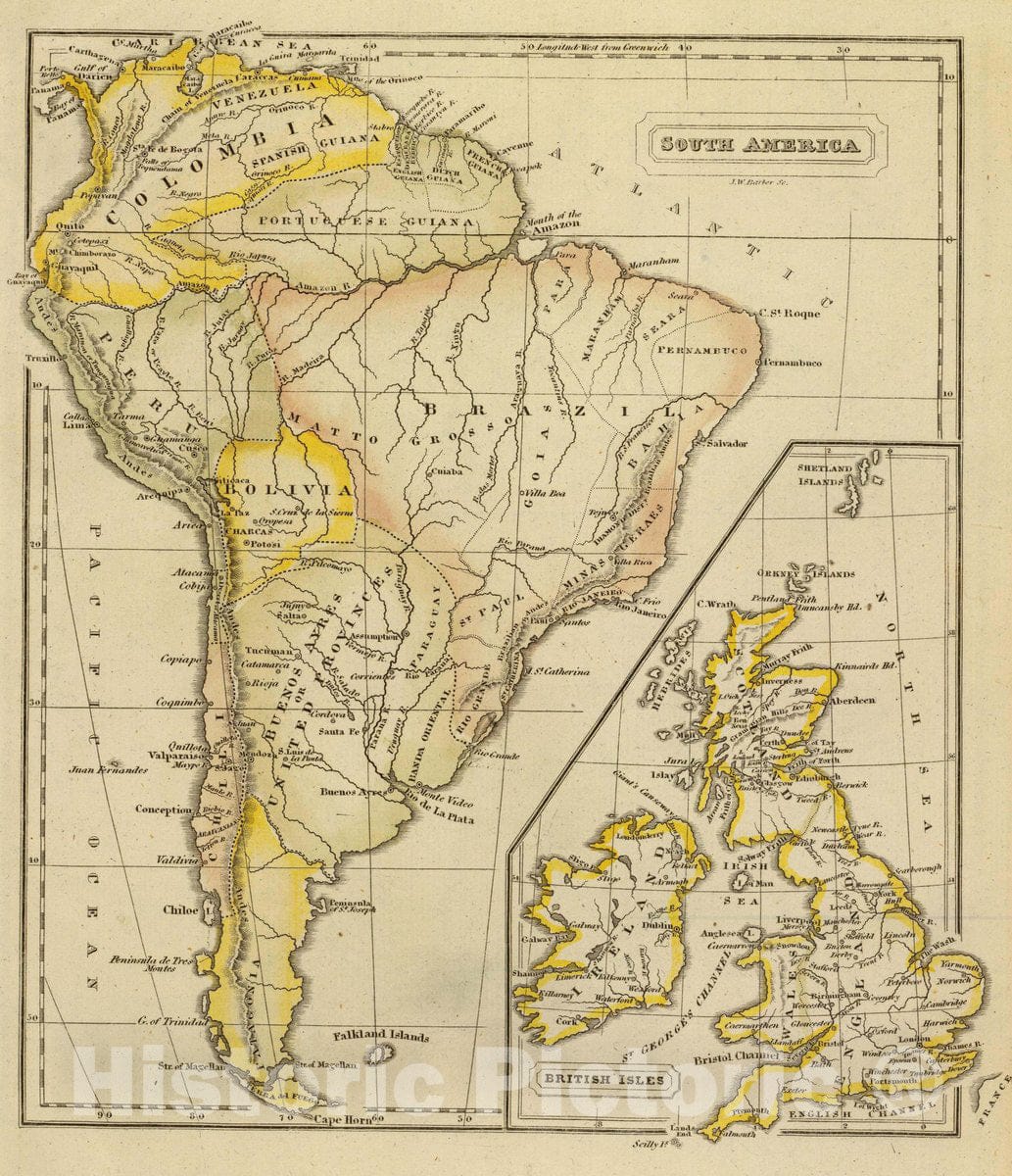 Historic Map : South America, British Isles, 1828 Atlas - Vintage Wall Art