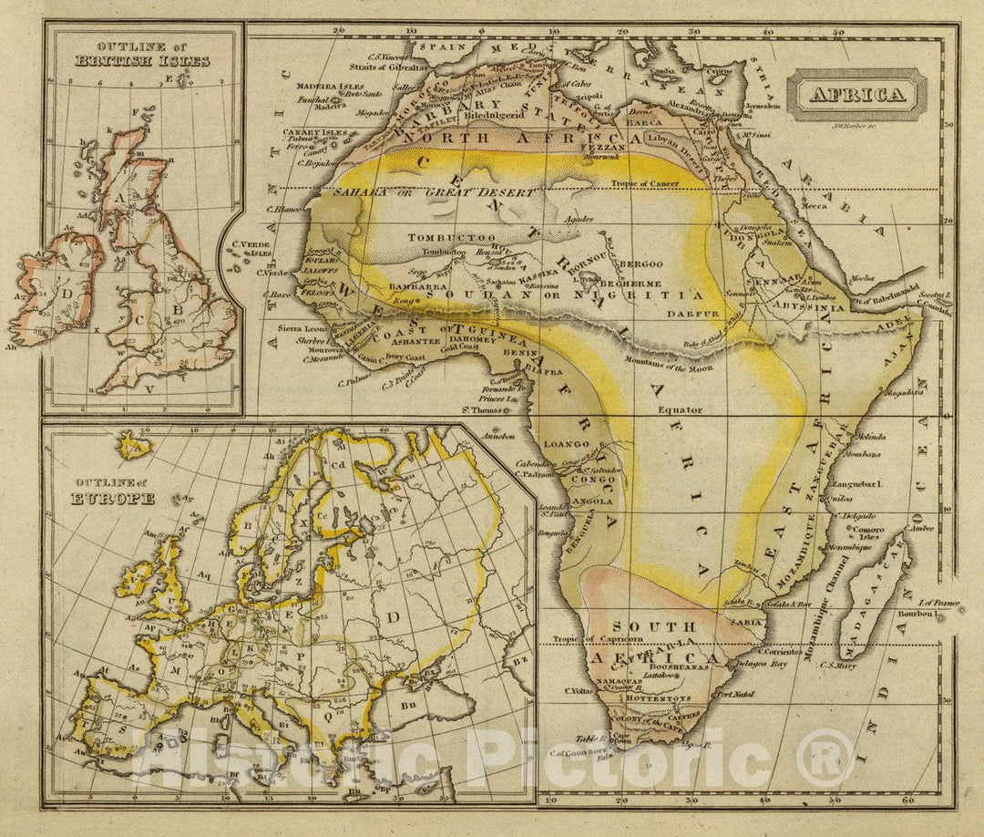 Historic Map : Africa. J.W. Barber sc. (with) Outline of British Isles. (with) Outline of Europe. (Published by Richardson & Lord, 1828 Atlas - Vintage Wall Art