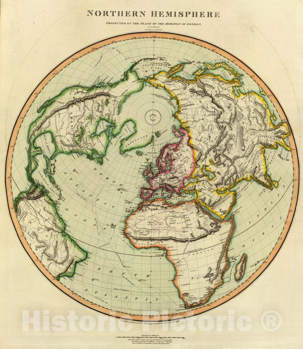 Historic Map : N. Hemisphere, Plane of London, 1816 Atlas - Vintage Wall Art