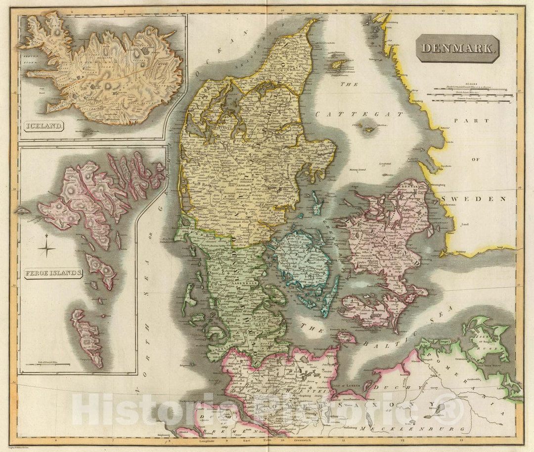 Historic Map : Denmark, Iceland, Feroe Islands, 1814 Atlas - Vintage Wall Art