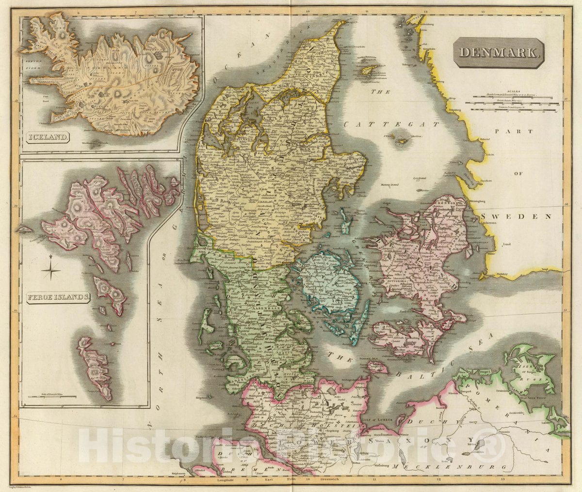 Historic Map : Denmark, Iceland, Feroe Islands, 1814 Atlas - Vintage Wall Art