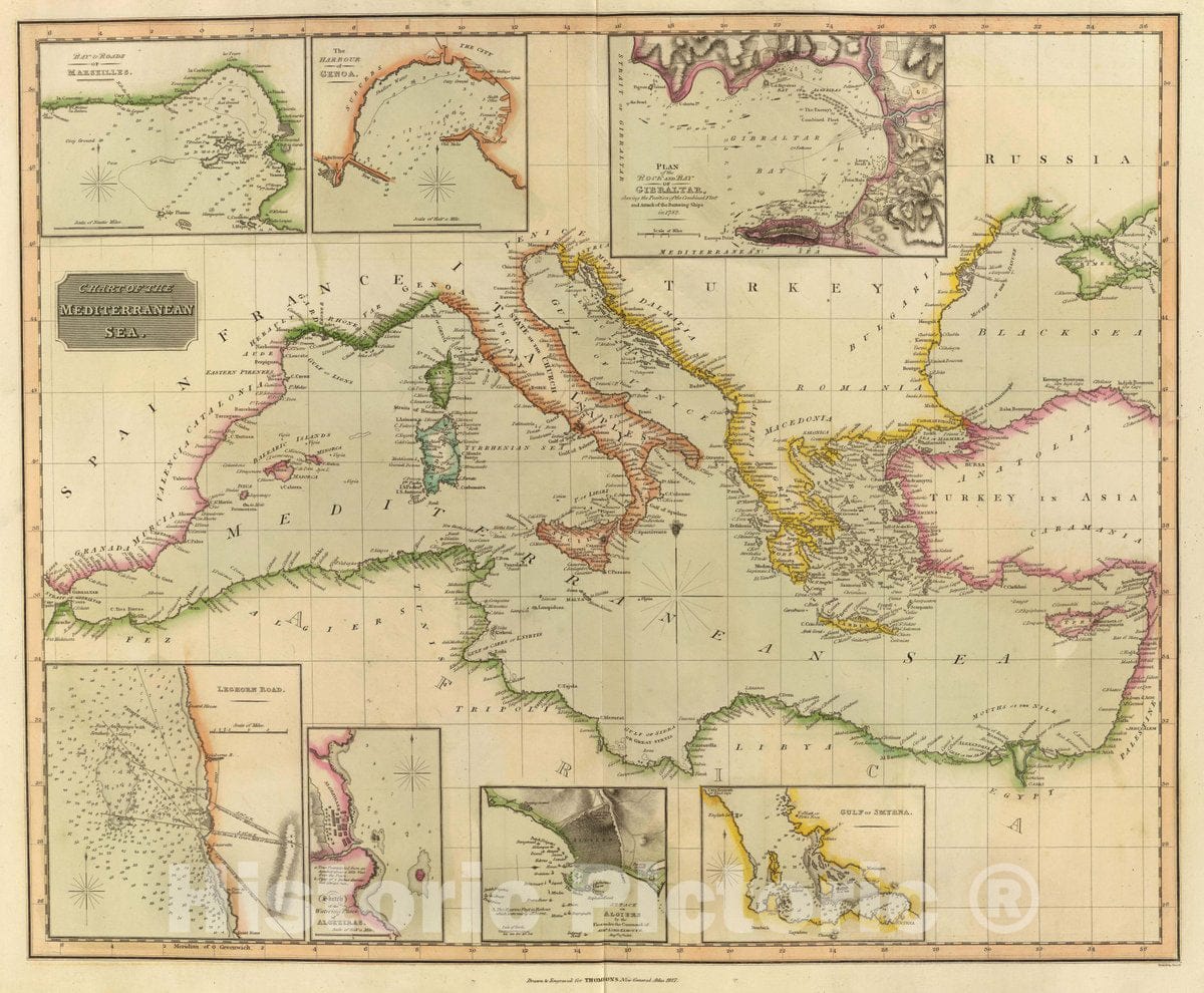 Historical Map : Chart of the Mediterranean Sea. (with) Bay & roads of Marseilles. (with) The harbour of Genoa. (with) Plan of the rock and bay of Gibraltar shewing th, 1817Vintage Wall Art