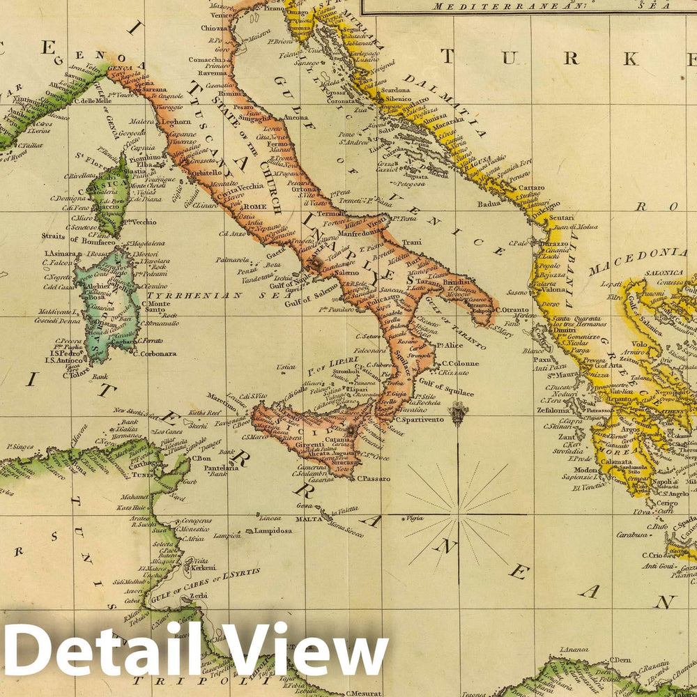 Historical Map : Chart of the Mediterranean Sea. (with) Bay & roads of Marseilles. (with) The harbour of Genoa. (with) Plan of the rock and bay of Gibraltar shewing th, 1817Vintage Wall Art