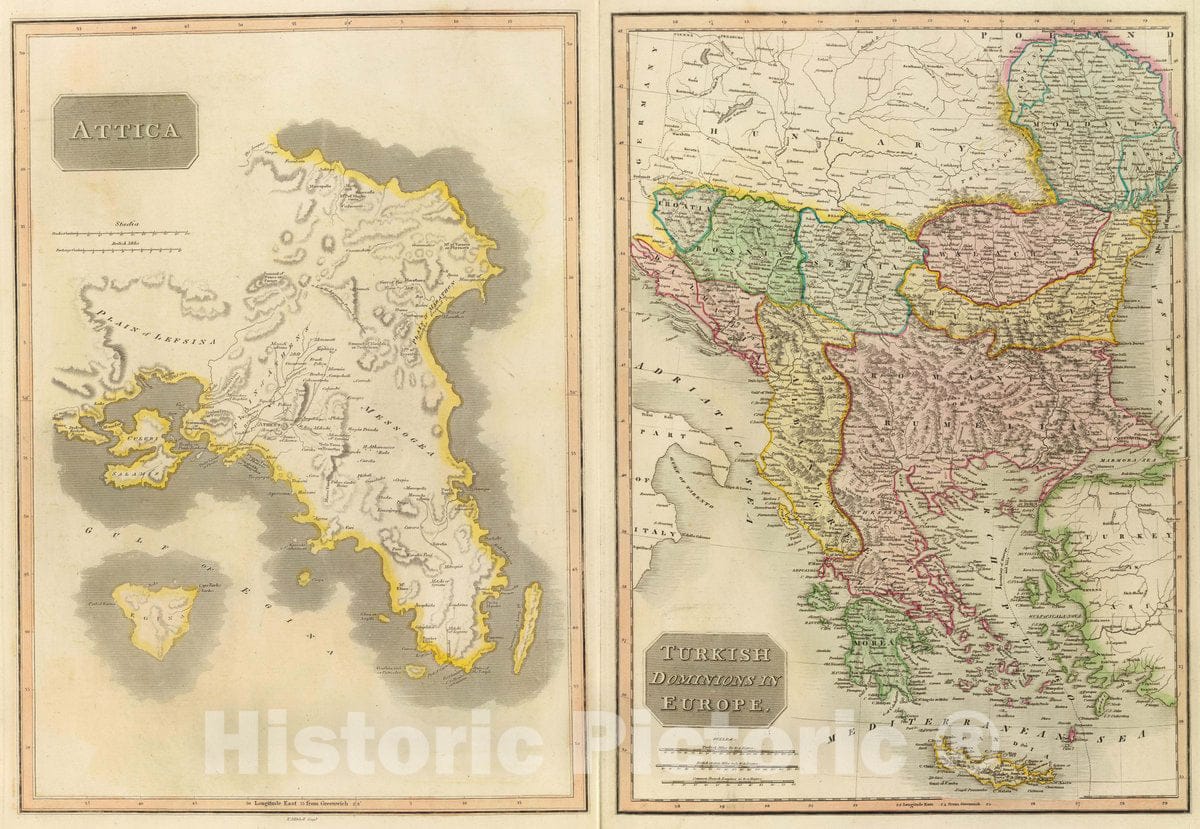 Historic Wall Map : Attica. Turkish dominions in Europe. E. Mitchell Sculpt. Drawn and Engraved for Thomson's New General Atlas, 1815, 1815 Atlas - Vintage Wall Art