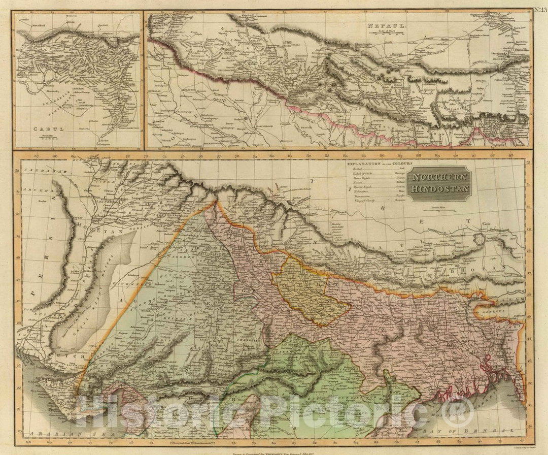 Historic Map : India; Nepal, South Asia Northern Hindostan. Cabul. Napaul., 352 Strand. 1817, Vintage Wall Art