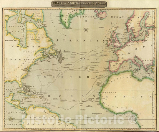 Historic Map : Chart of North Atlantic Ocean with tracks of the shipping to West Indies, North America &ce. Engd. by J. Moffat, Edinr. (Drawn & engraved for Thomson', 1817Vintage Wall Art