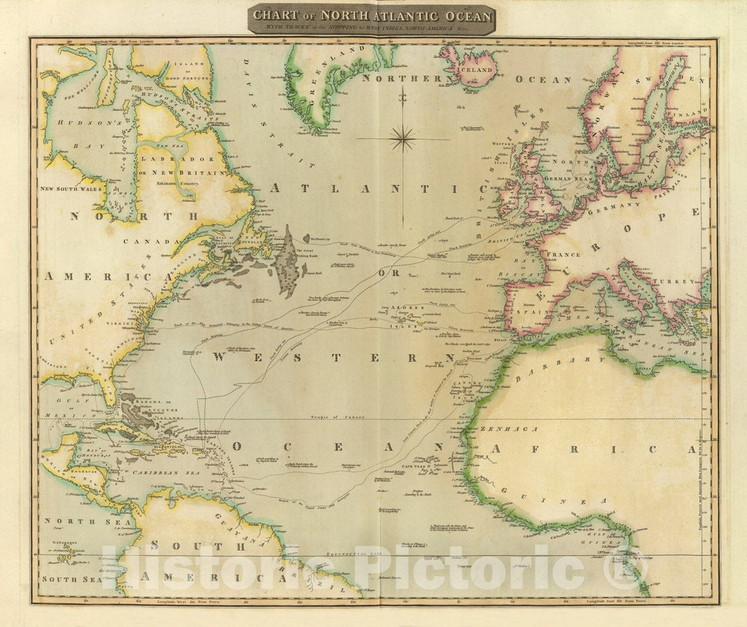 Historic Map : Chart of North Atlantic Ocean with tracks of the shipping to West Indies, North America &ce. Engd. by J. Moffat, Edinr. (Drawn & engraved for Thomson', 1817Vintage Wall Art