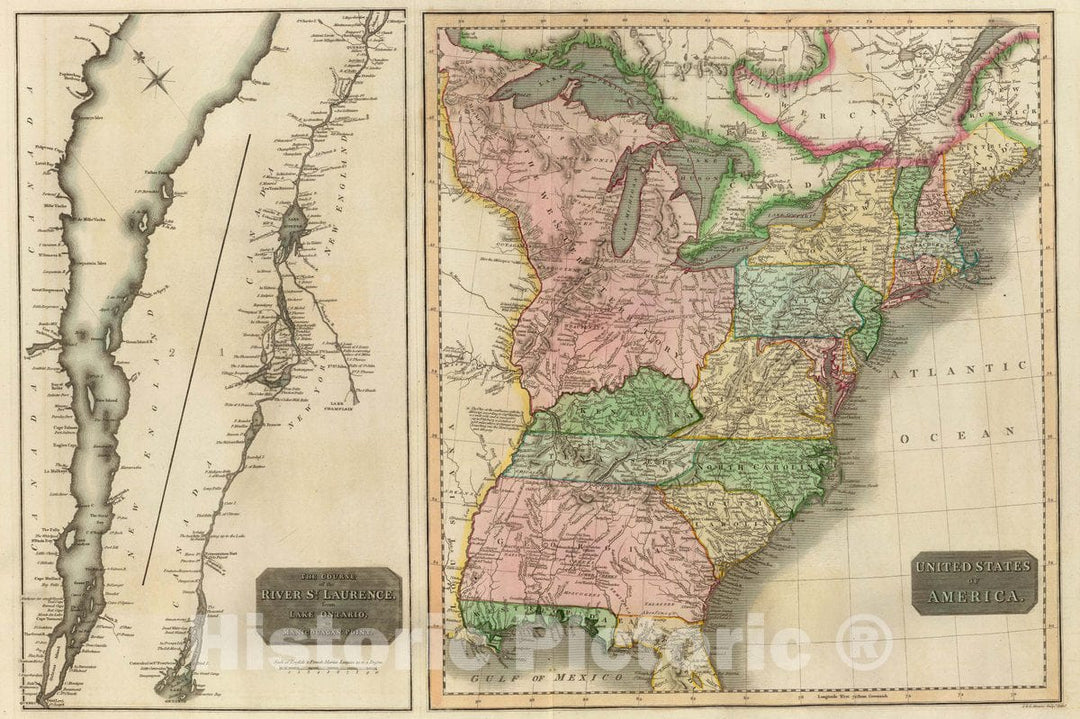 Historic Map : United States of America with The Course of the River St. Laurence from Lake Ontarion to Manicouagan Point, 1814, John Thomson, Vintage Wall Art