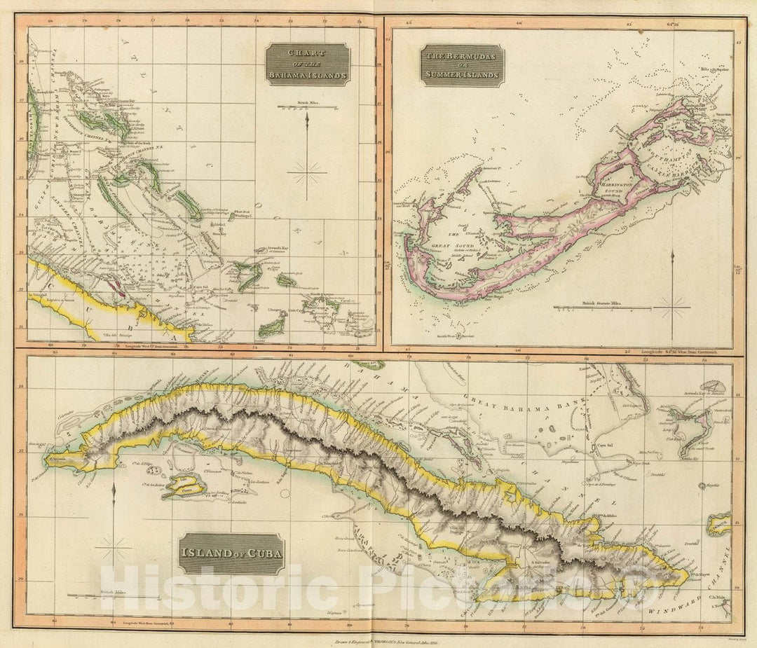 Historic Map : Bahamas; Cuba, Island of Cuba. (with) Chart of The Bahama Islands. (with) The Bermudas or Summer Islands. Neele sculp, Strand, 1816 Atlas , Vintage Wall Art