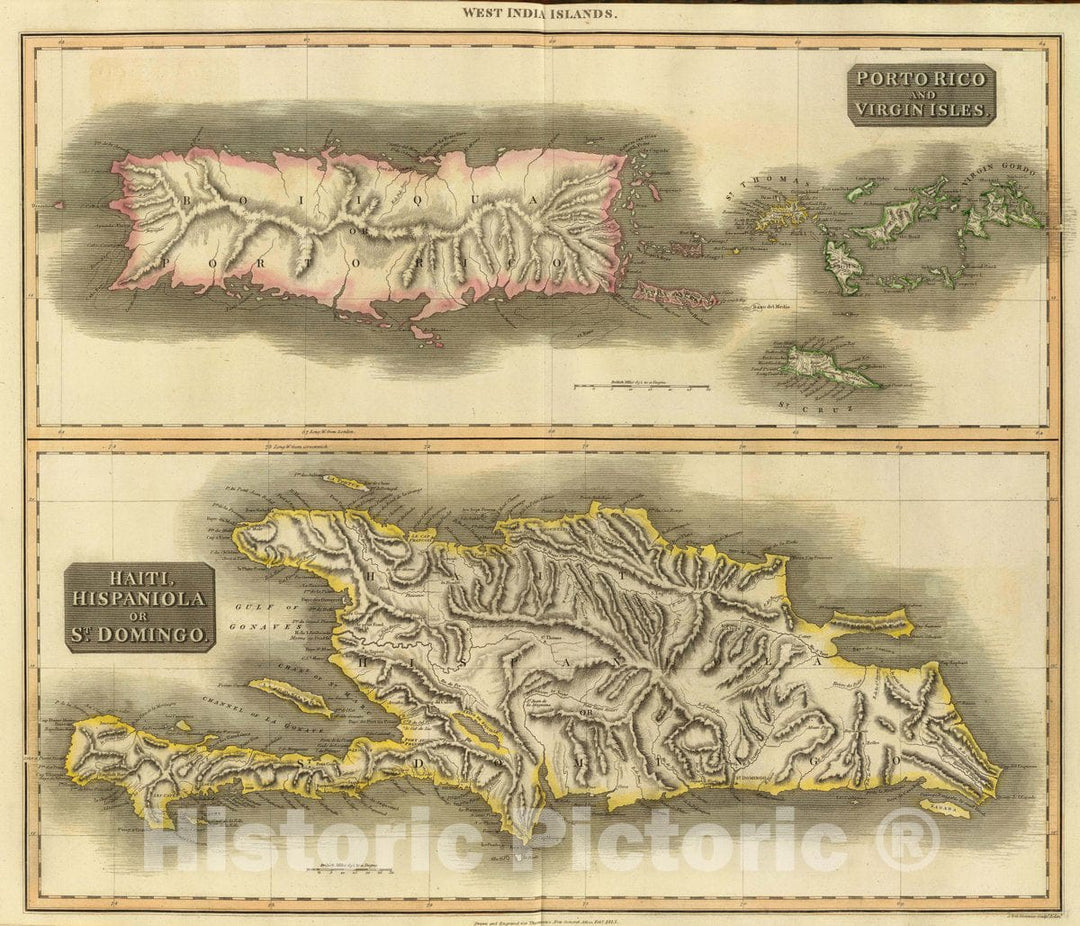 Historic Map : Porto Rico, Virgin Isles, Hispaniola, 1815 Atlas - Vintage Wall Art