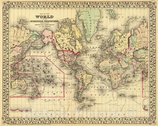 Historic Map : Map of the World on The Mercator Projection, Exhibiting the American Continent As Its Centre, 1884, Samuel Augustus Mitchell Jr., Vintage Wall Art