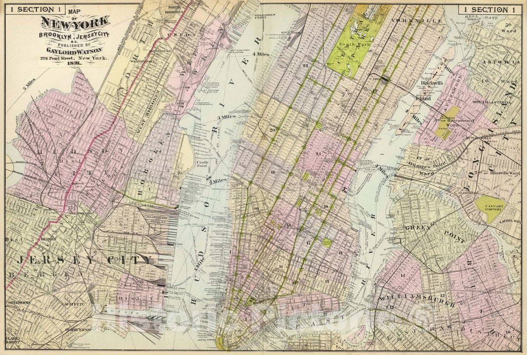 Historic Map : 1 New York, Brooklyn, Jersey City, 1891 Atlas - Vintage Wall Art