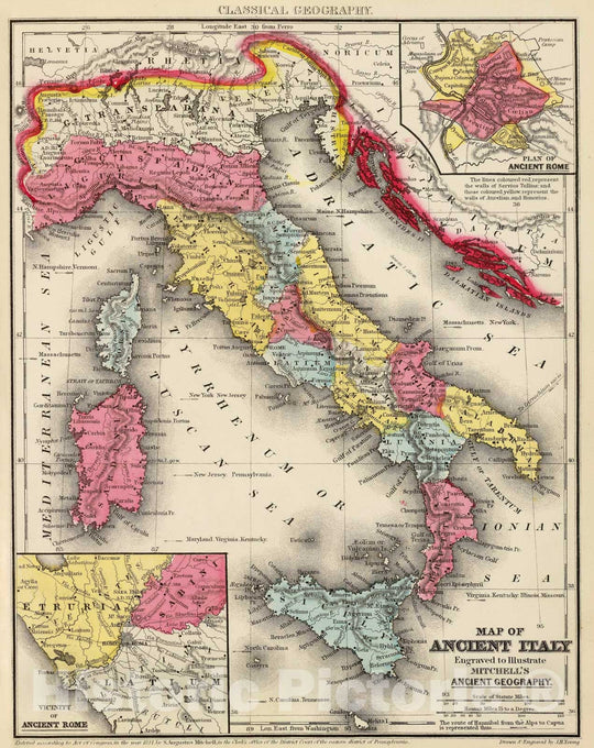 Historic Map - 1875 Classical Atlas - Map of ancient Italy. (with) Plan of ancient Rome. (with) Vicinity of ancient Rome. - Vintage Wall Art