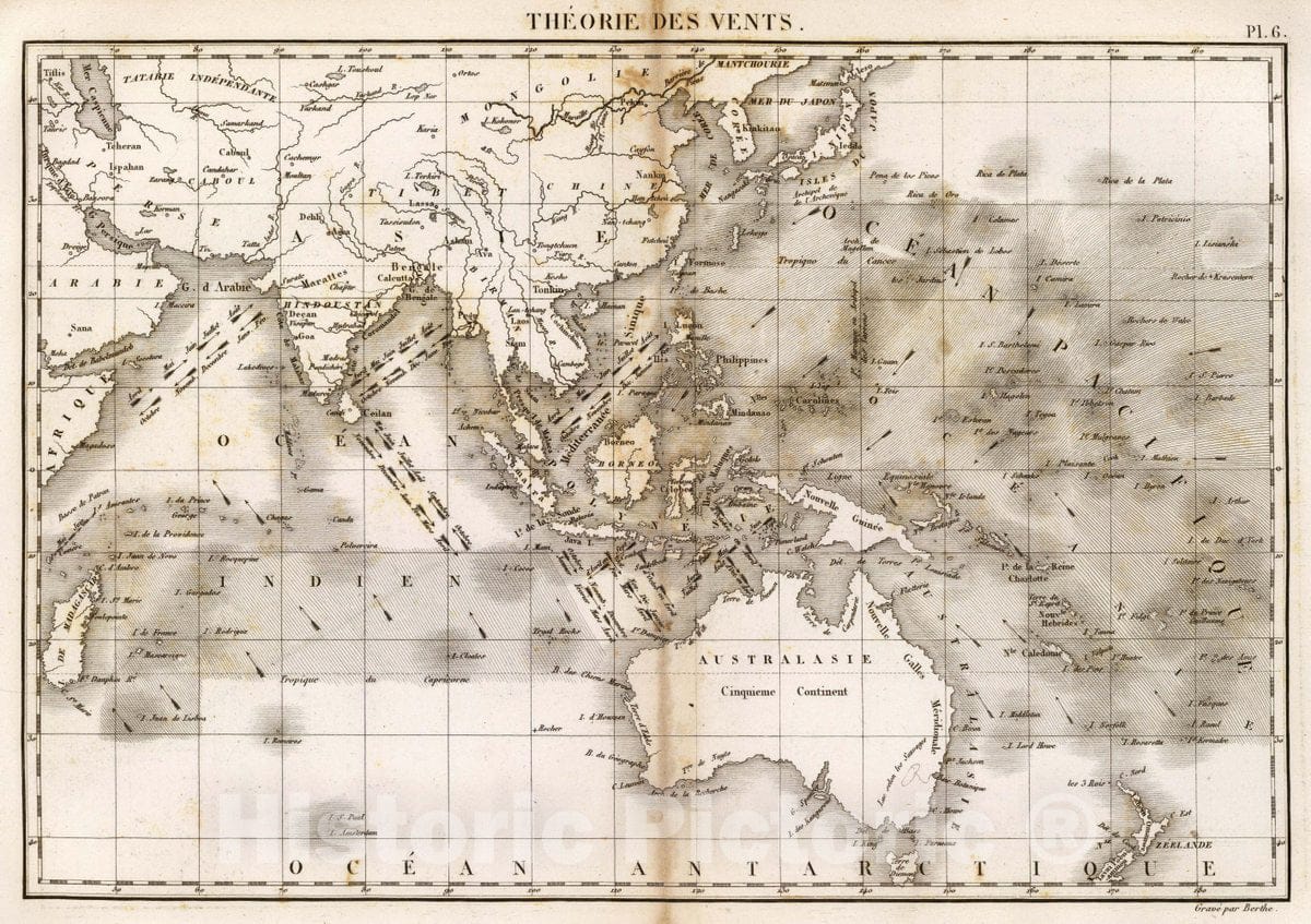 Historic Map : Theorie des vents (Asie, Ocean Indien, Ocean Pacifique, Ocean Antarctique). Grave par Berthe, 1827 Atlas - Vintage Wall Art