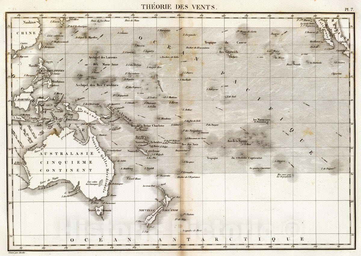 Historic Map : Theorie des vents (Ocean Pacifique). Grave par Berthe, 1827 Atlas - Vintage Wall Art