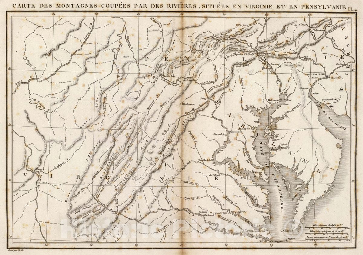 Historic Map : United States, Maryland, Carte des montagnes coupees par des rivieres, 1827 , Vintage Wall Art