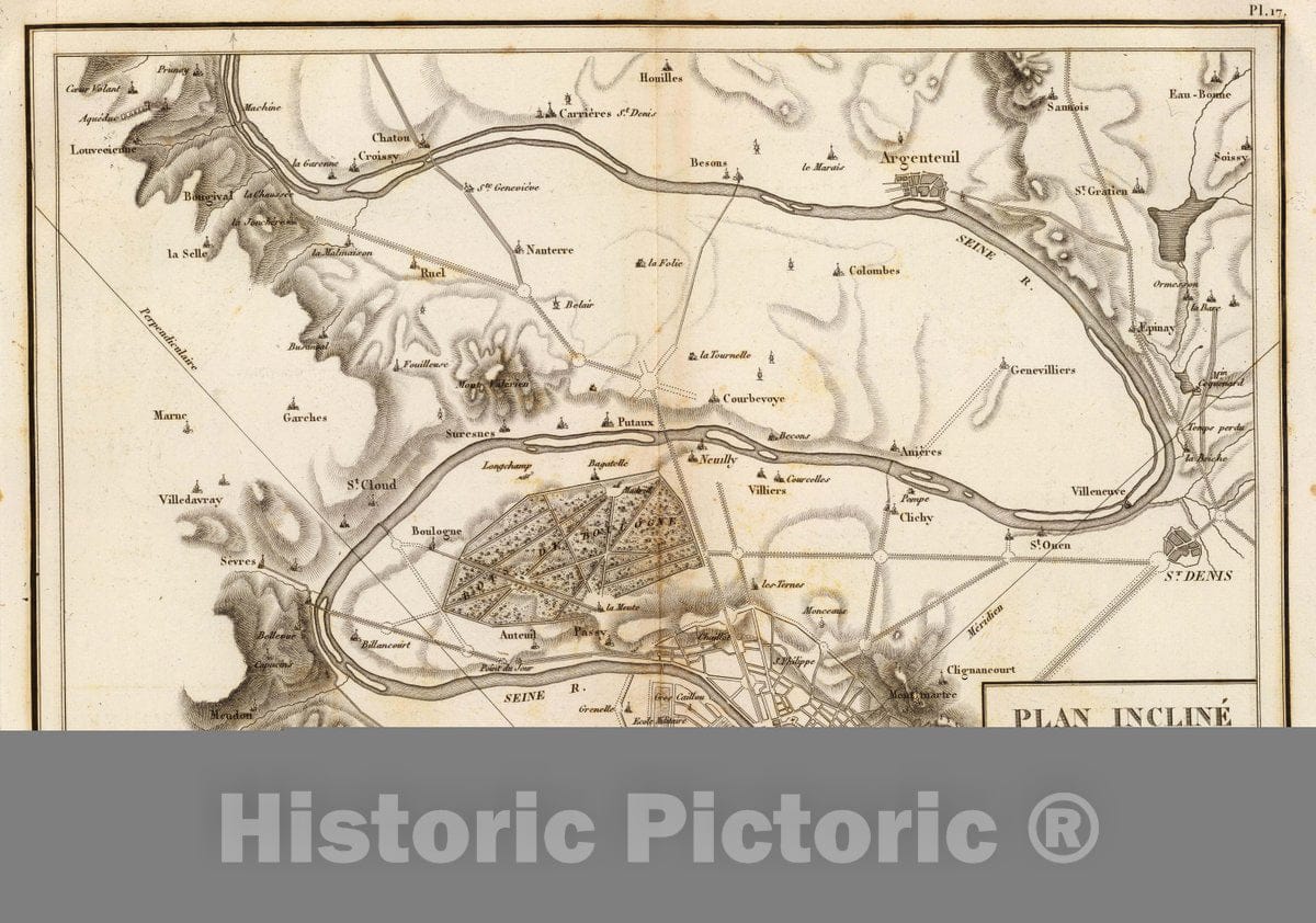 Historic Map : France, Paris Region , France Plan Incline et bords escarpes de Deux oscillations de la Seine, 1827, Vintage Wall Art