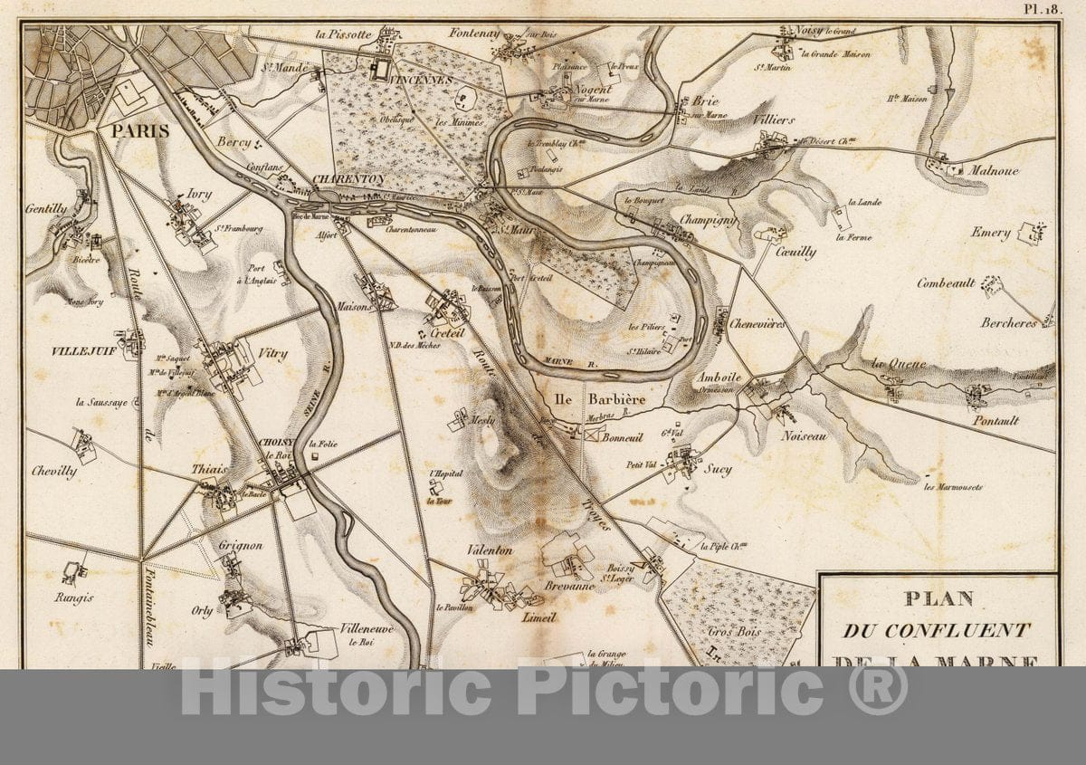 Historic Map : France, Paris Region , France Plan du confluent de la Marne. Grave par Ambroise Tardieu, 1827 Atlas , Vintage Wall Art