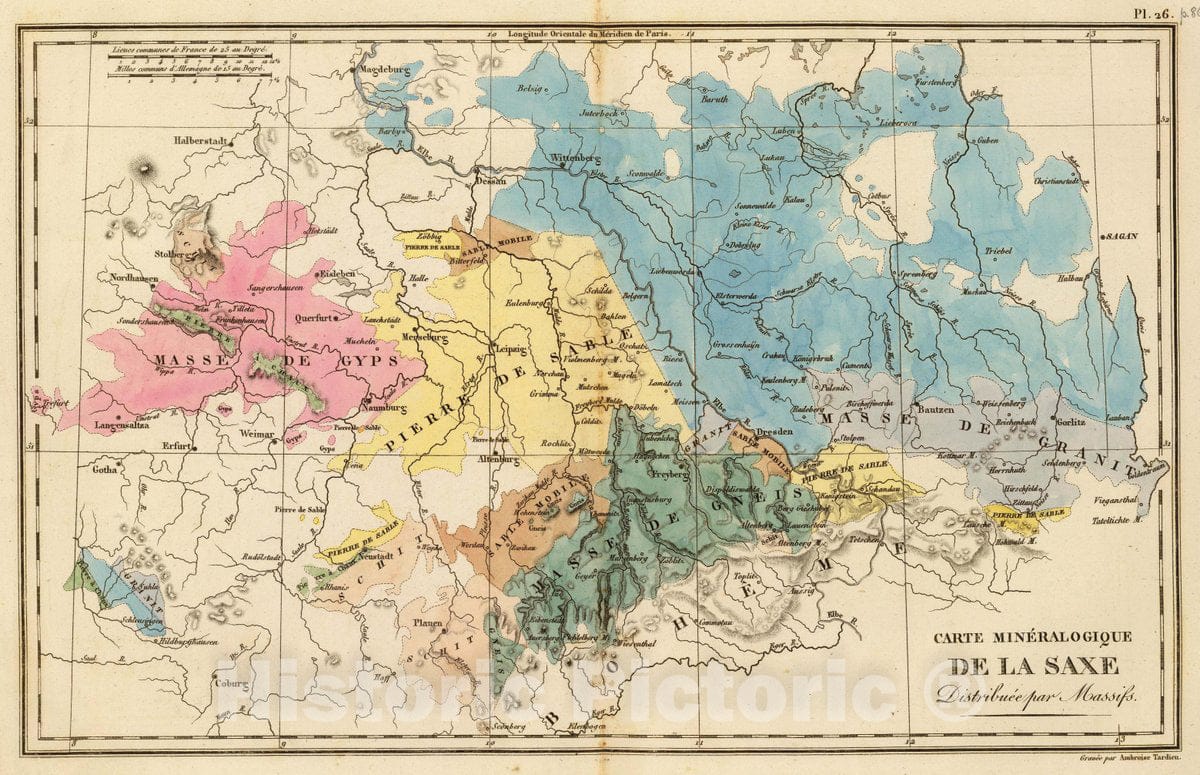 Historic Map : Germany, Saxony , Germany Carte mineralogique de la Saxe. Distribuee par massifs. Gravee par Ambroise Tardieu, 1827 , Vintage Wall Art