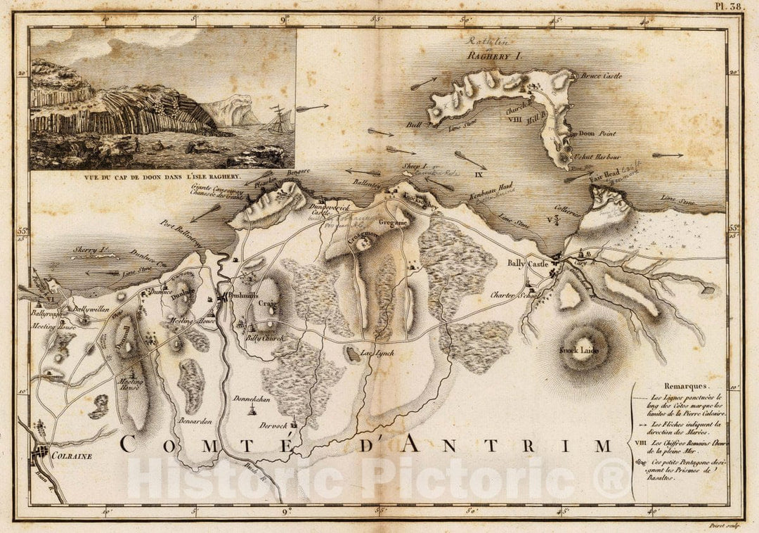 Historic Map : Comte d'Antrim. (with) Vue du Cap de Doon dans l'isle Raghery. Poiret sculp. (A Paris, Chez Mme. veuve Agasse, Imprimeur-Libraire, rue des Poitevins, 1827Vintage Wall Art