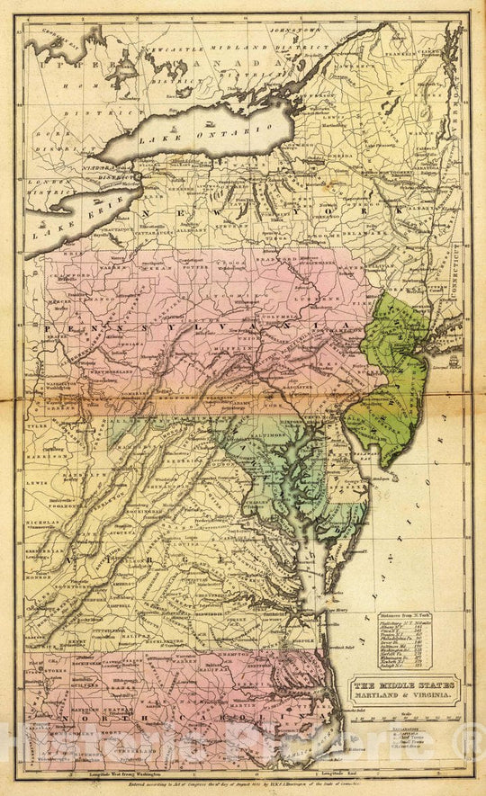 Historic Map : 1830 School Atlas - The Middle States, Maryland & Virginia. Entered 12th Day of August 1830 by H. & F.J. Huntington Connecticut. - Vintage Wall Art