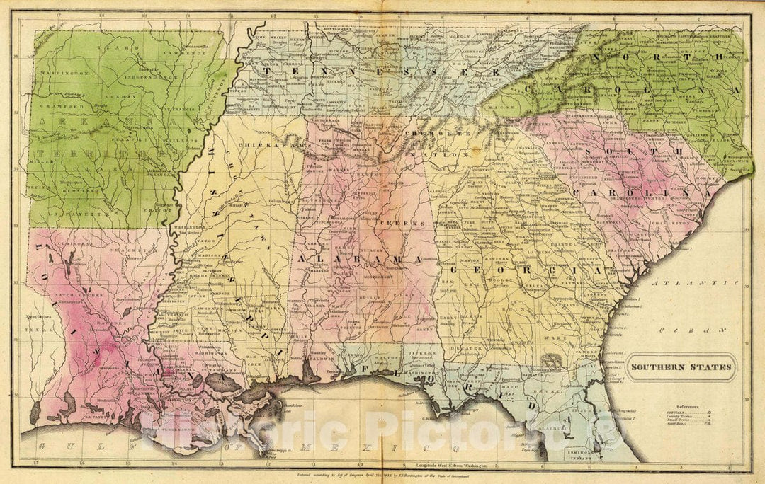 Historic Map : 1832 School Atlas - Southern States. Entered April 23d, 1832 by F.J. Huntington Connecticut. - Vintage Wall Art