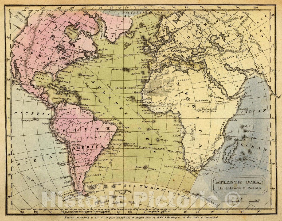 Historic Map : Atlantic Ocean, its Islands & coasts. Entered 12th Day of August 1830 by H. & F.J. Huntington Connecticut, 1830 Atlas - Vintage Wall Art