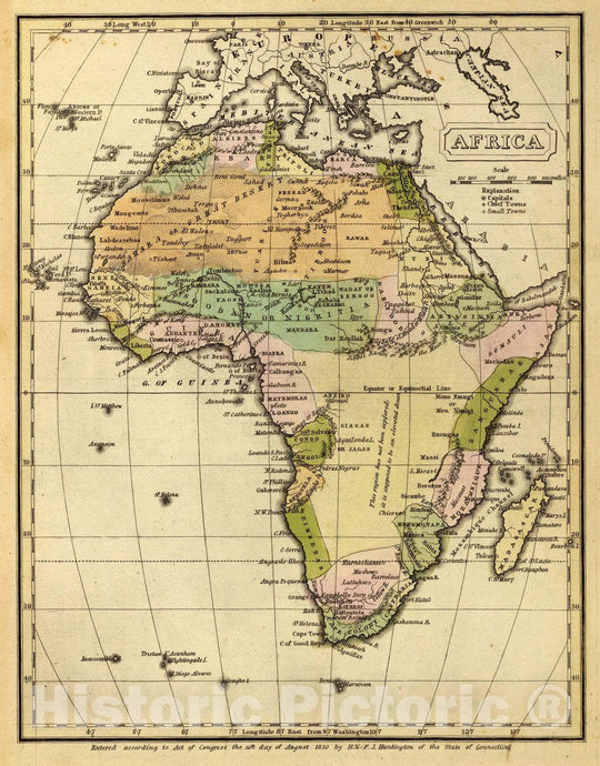 Historic Map : Africa. Entered 12th Day of August 1830 by H. & F.J. Huntington Connecticut, 1830 Atlas - Vintage Wall Art