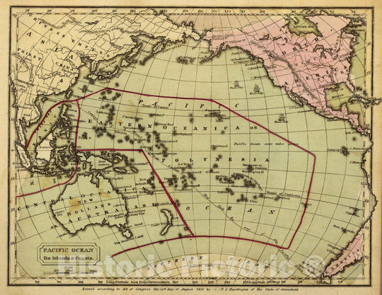 Historic Map : Pacific Ocean, its Islands & coasts. Entered 12th Day of August 1830 by F.J. Huntington Connecticut, 1830 Atlas - Vintage Wall Art