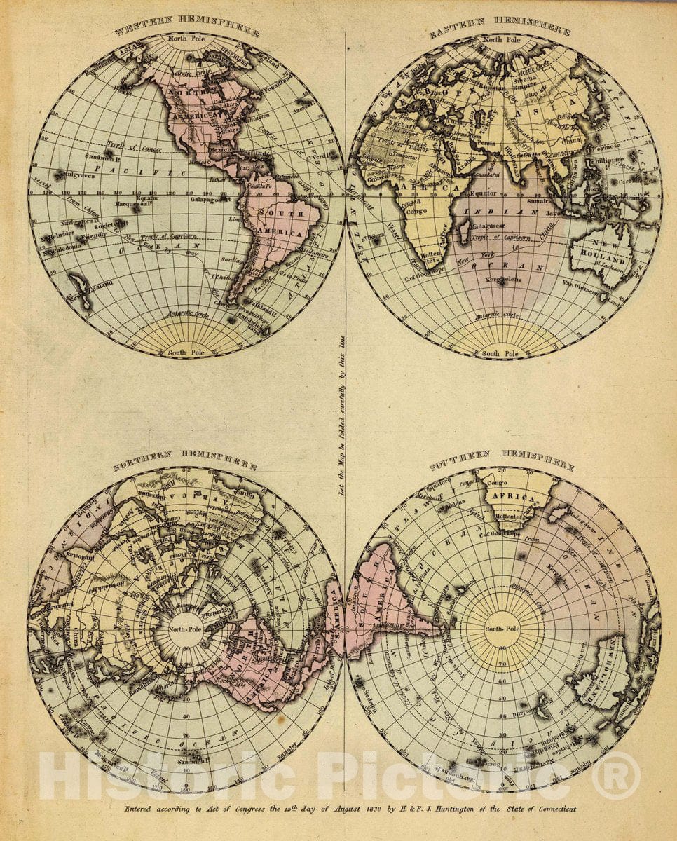 Historic Map : Western Hemishere, Eastern Hemisphere, Northern Hemisphere, Southern Hemisphere. Entered, Connecticut, 1830 Atlas - Vintage Wall Art