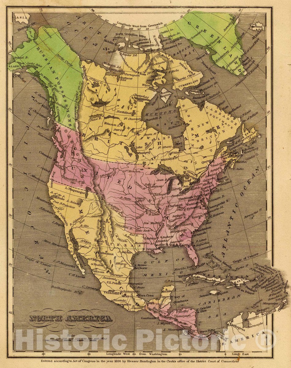 Historic Map : North America. Entered 1836, by Eleazer Huntington Connecticut, 1836 Atlas - Vintage Wall Art