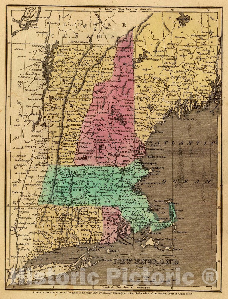 Historic Map : New England. Entered 1836, by Eleazer Huntington Connecticut, 1836 Atlas - Vintage Wall Art