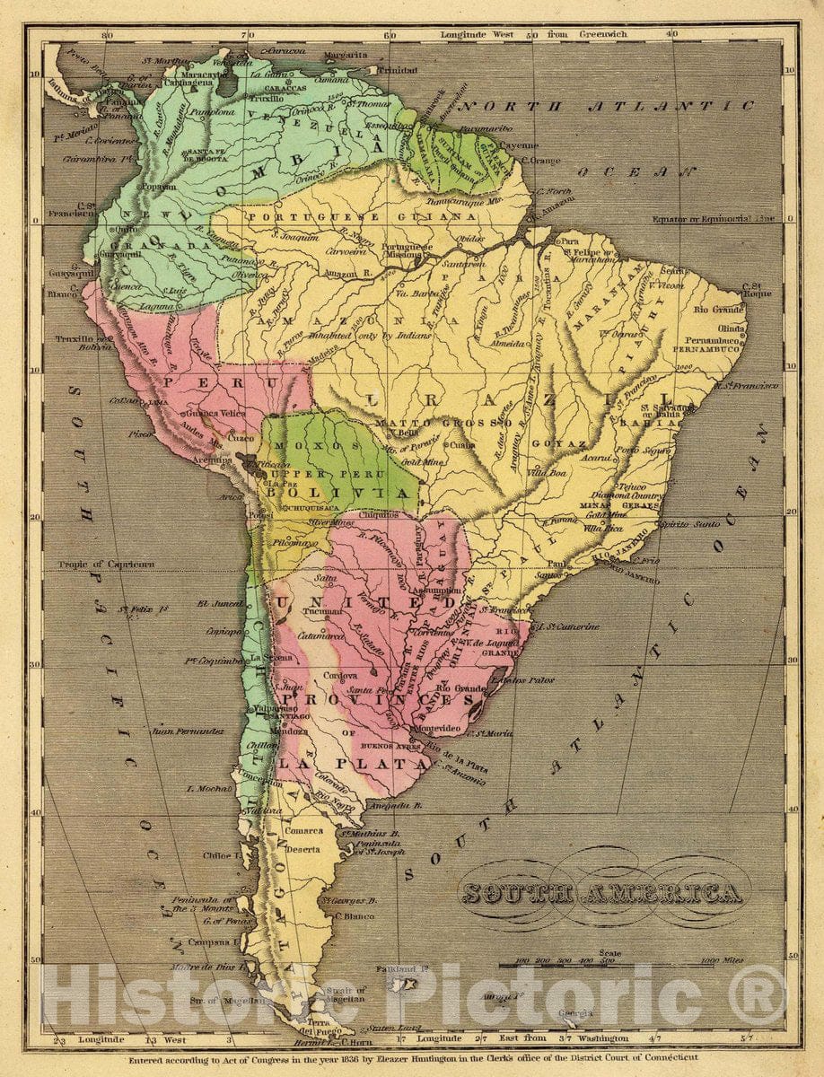 Historic Map : South America. Entered 1836, by Eleazer Huntington Connecticut, 1836 Atlas - Vintage Wall Art