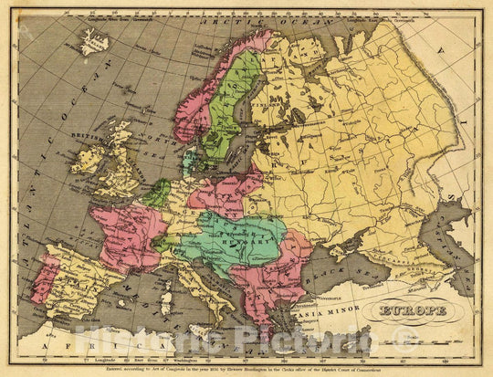 Historic Map : Europe. Entered 1836, by Eleazer Huntington Connecticut, 1836 Atlas - Vintage Wall Art