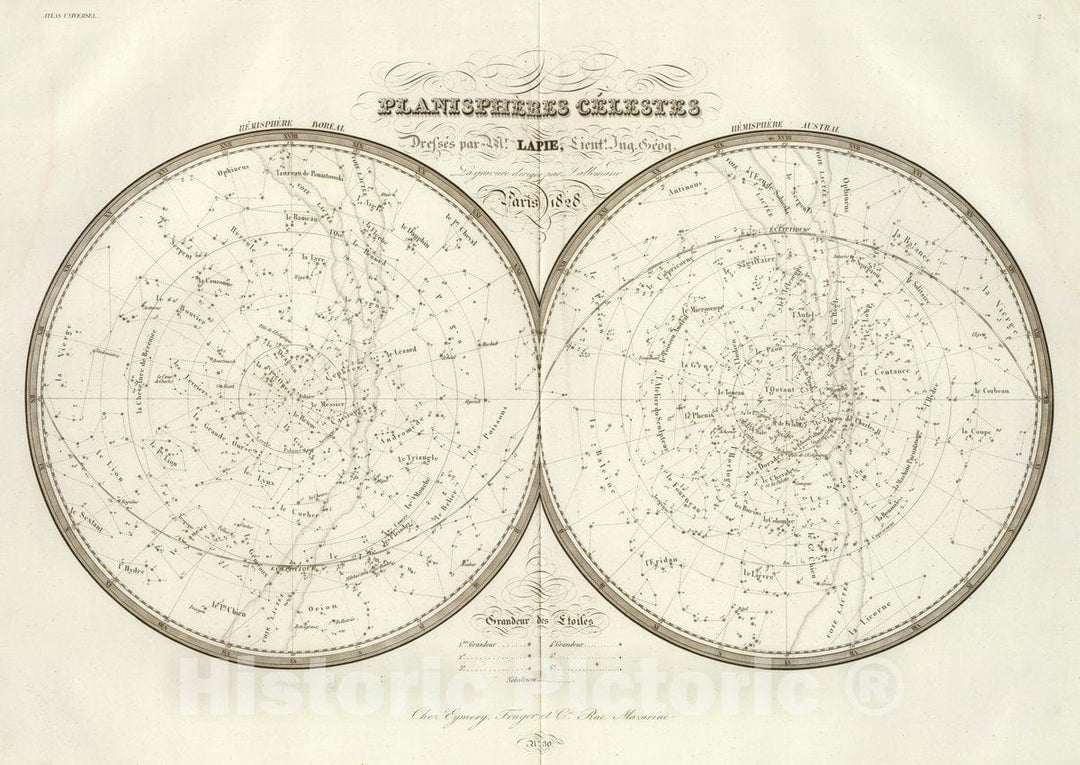 Historic Wall Map : Planispheres celestes. Dresses par Mr. Lapie, Lieutt. Ing. Geog. La gravure dirigee par Lallemand. Paris, 1828, 1828 Atlas - Vintage Wall Art