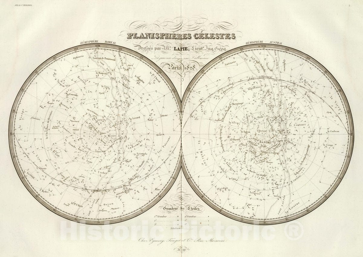 Historic Wall Map : Planispheres celestes. Dresses par Mr. Lapie, Lieutt. Ing. Geog. La gravure dirigee par Lallemand. Paris, 1828, 1828 Atlas - Vintage Wall Art