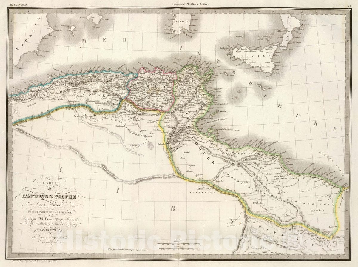 Historic Map : Algeria; Tunisia, Africa, North Carte de l'Afrique Propre. Geographe du Roi et M. Lapie, 1829, Vintage Wall Art