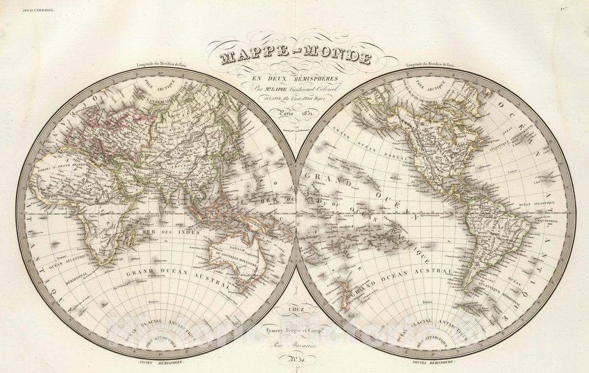 Historic Map : 1831 World - Mappe-monde en deux hemispheres. Par Mr. Lapie, Lieutenant Colonel et Lapie fils, Lieut. d'Etat Major. Paris, 1831. - Vintage Wall Art